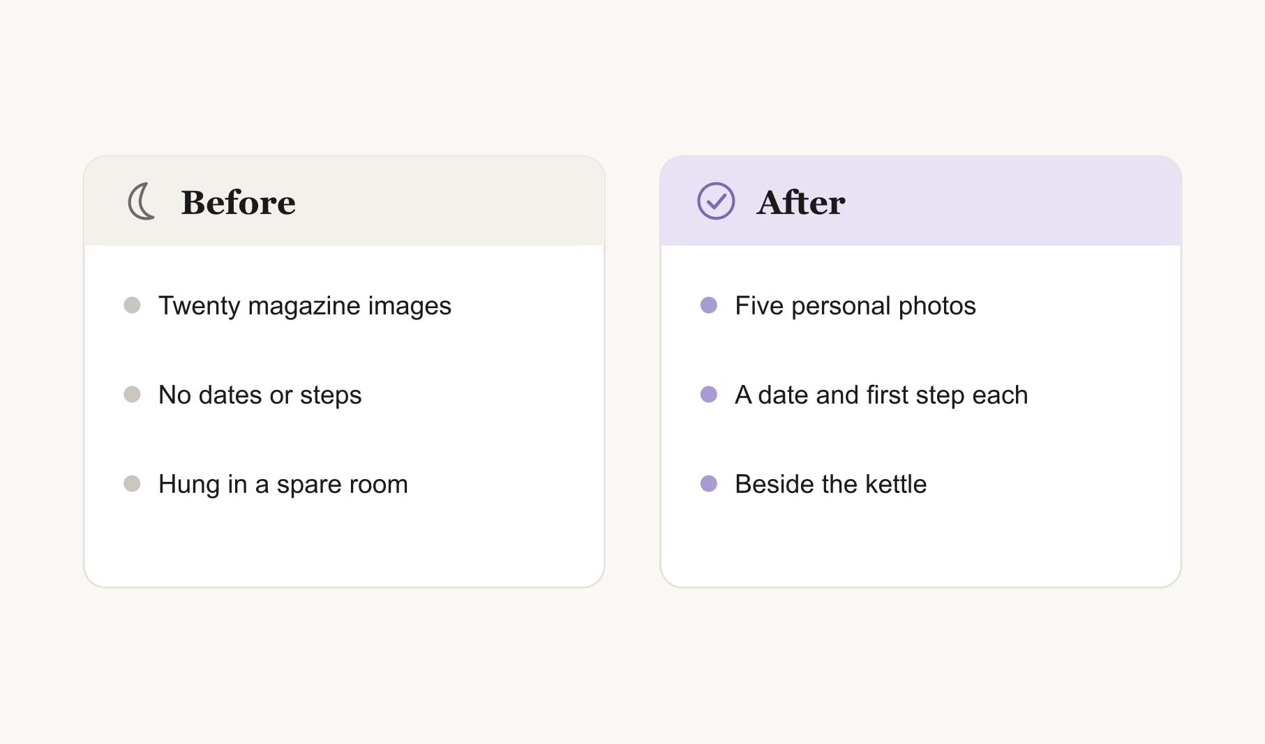 A weak vision board example rewritten into one of the best: before and after the five tests are applied