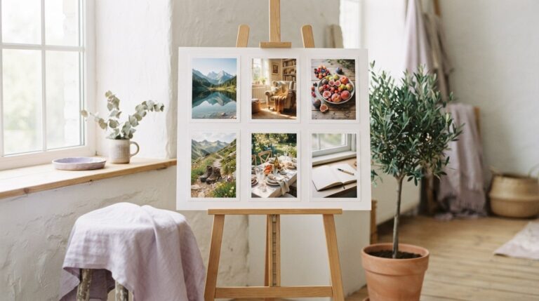 Best examples of vision boards: a clean six photo board on an easel in a bright, airy studio