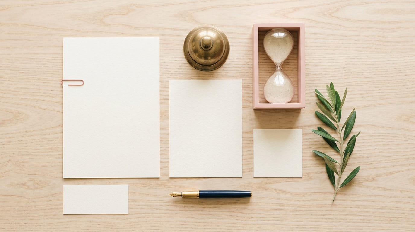 Best quotes for vision board: four blank cards, a fountain pen and an hourglass on a light ash table