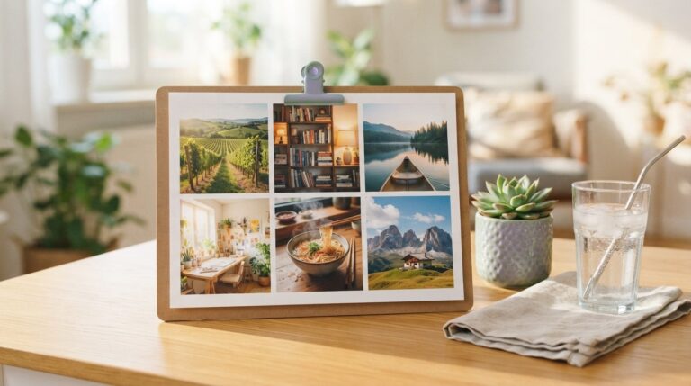 Best vision board websites: a printed six photo board on a clipboard beside a closed laptop