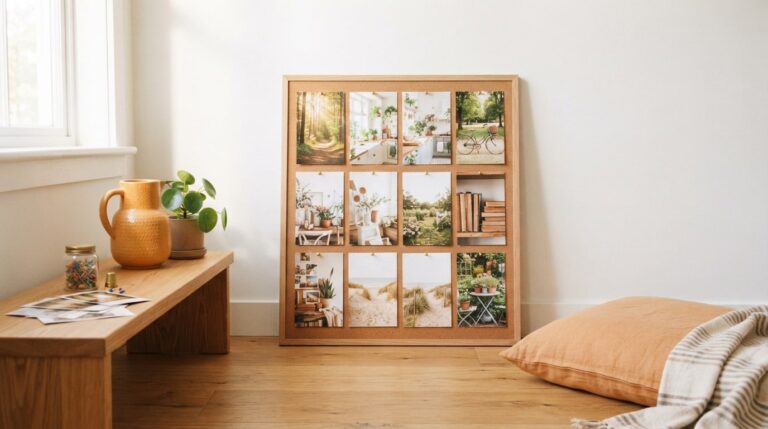 Best way to do a vision board: a finished grid of photos on a cork board leaning on a sunny wall
