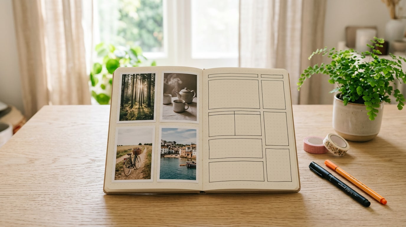 Bullet journal vision board ideas: an open dotted notebook with a photo grid and drawn trackers