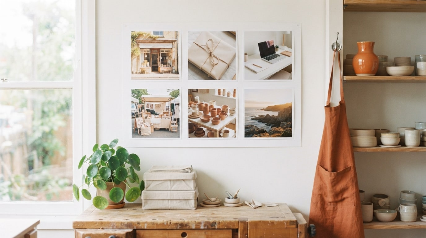 Business vision board examples: a photo board of a shopfront, parcels and new products in a bright small studio