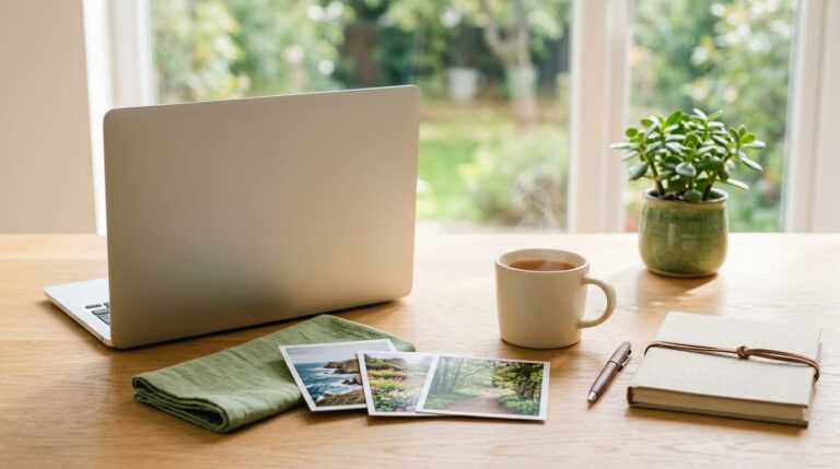 Can I make a vision board online: a laptop on a sunny table beside printed photos and a notebook