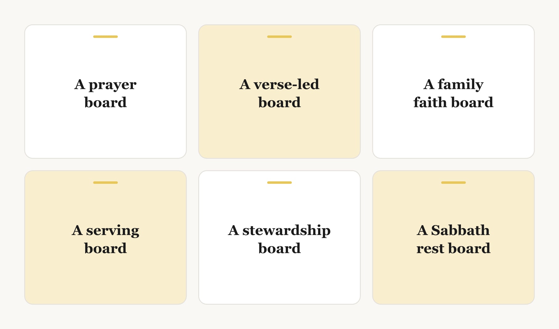Six Christian vision board examples: a prayer board, verse-led, family faith, serving, stewardship and Sabbath rest