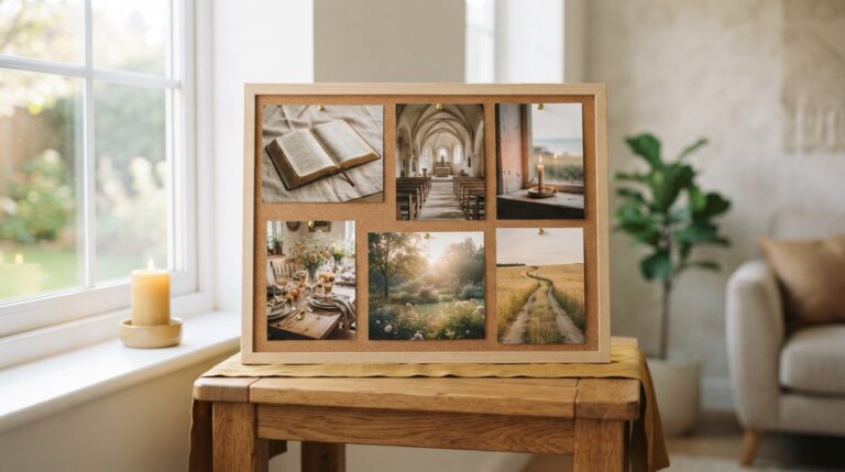 Christian vision board examples: photos of an open Bible, a quiet chapel and a wheat field path by a window