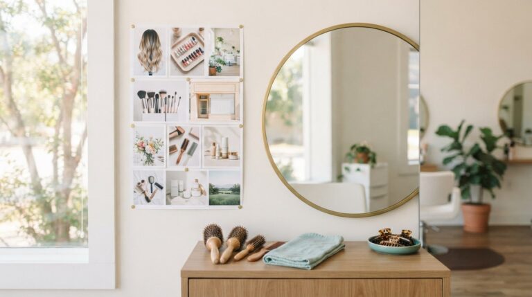 Cosmetology vision board ideas pinned beside a bright salon station: balayage, nail swatches and a calm salon