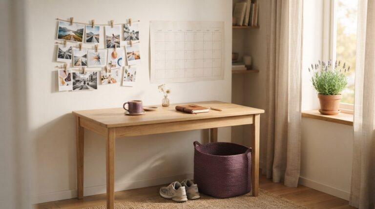 Do vision boards actually work: a photo board above a desk beside a blank wall planner and running shoes