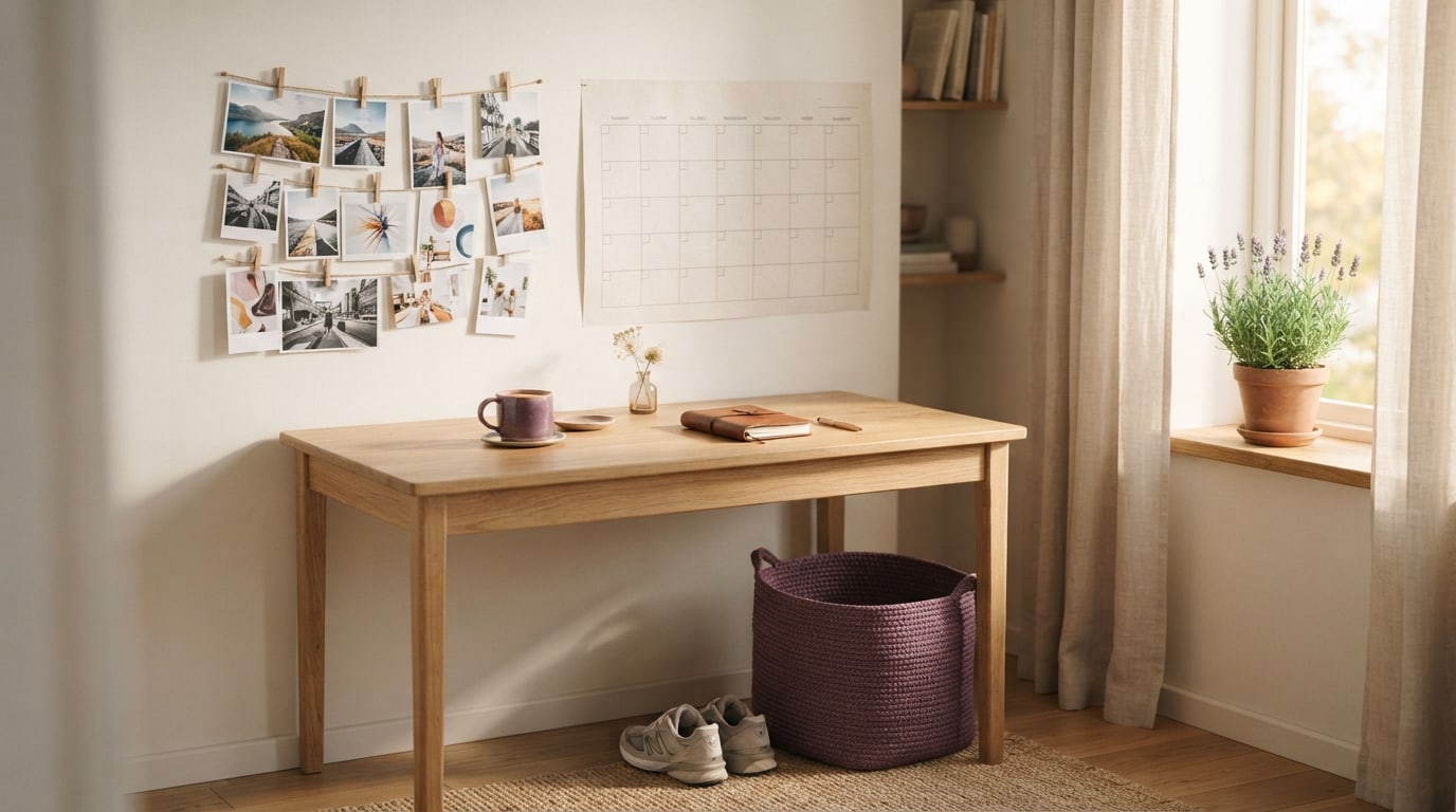 Do vision boards actually work: a photo board above a desk beside a blank wall planner and running shoes