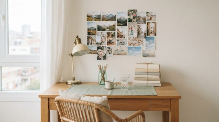Do vision boards really work: a photo board above a tidy study desk with plain books and a lamp