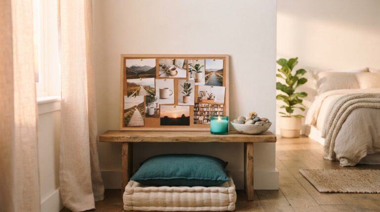 Do vision boards work for manifestation: a photo board on a low shelf with a cushion, candle and stones