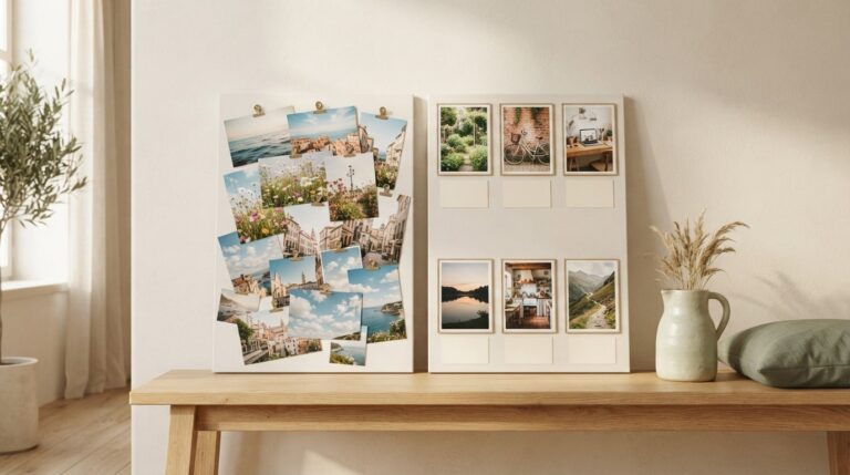 Dream board vs vision board: a loose photo collage beside a neat six-photo grid on a sunny bench