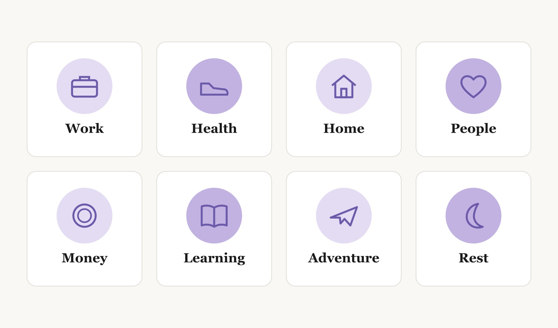 An example of a vision board in life covering eight areas: work, health, home, people, money and more