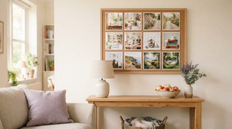 Example of a vision board in life: an eight photo whole-life board above a sofa table in a sunny room