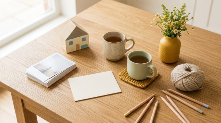 Family quotes for vision board: a wooden toy house, blank card, mugs and pencils on a warm oak table