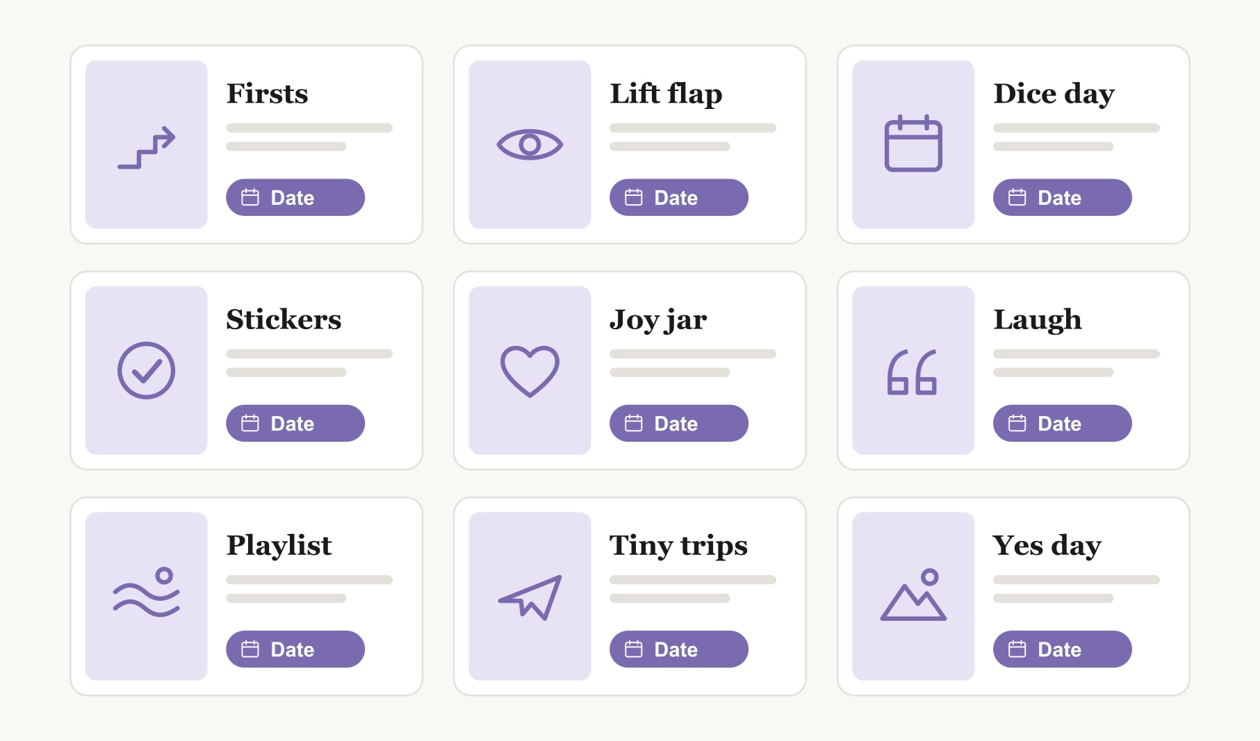 Nine fun vision board ideas on one board: firsts, a flap, a dice day, stickers, a joy jar and tiny trips