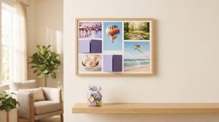 Fun vision board ideas: playful photos of a roller rink, a kite and a balloon ride with paper flaps