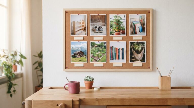 Goals to put on vision board: eight photos in two rows, from a half-built shelf to a hammock, above a bench