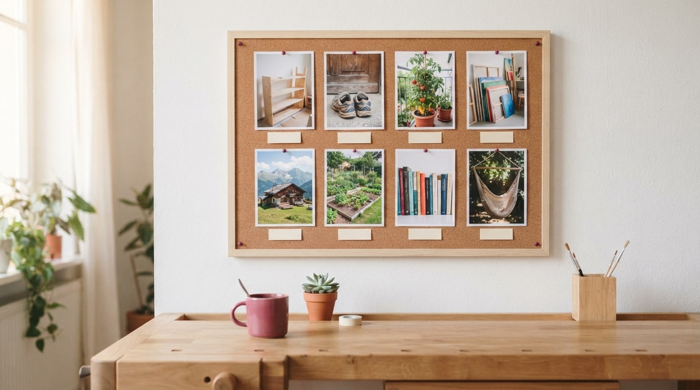 Goals to put on vision board: eight photos in two rows, from a half-built shelf to a hammock, above a bench