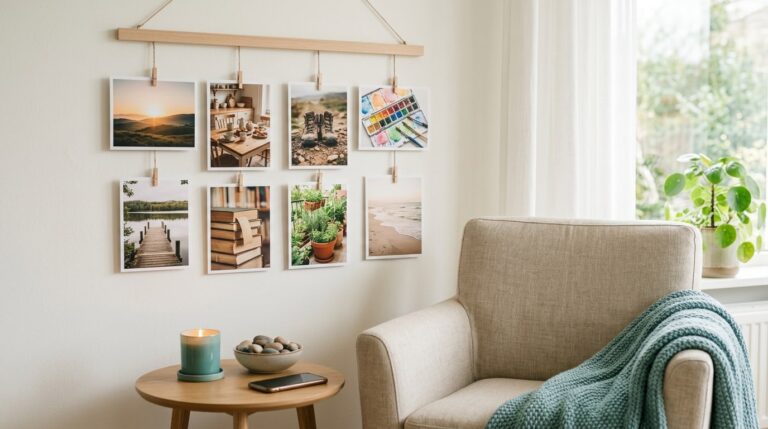 Good apps for vision boards: a finished board of eight photos hanging above a reading chair