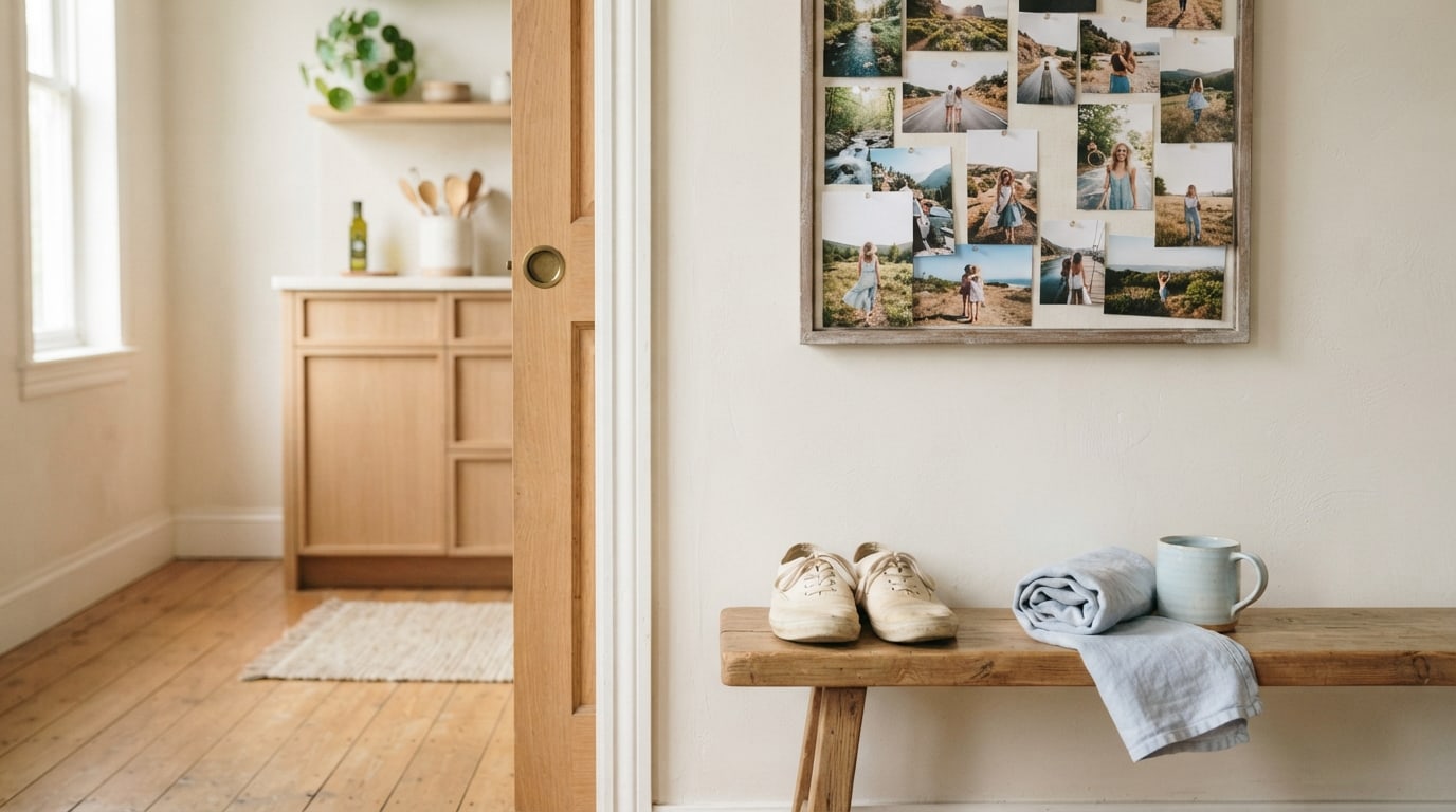 How does a vision board work: a photo board by a sunny kitchen doorway with walking shoes waiting below
