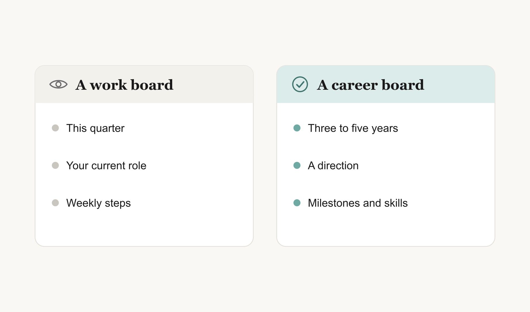 A work vision board compared with a career vision board: one quarter in your current role versus years ahead