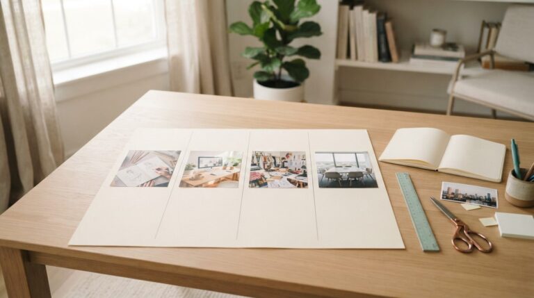 How to create a career vision board: a half-finished timeline board of photos on a bright study table