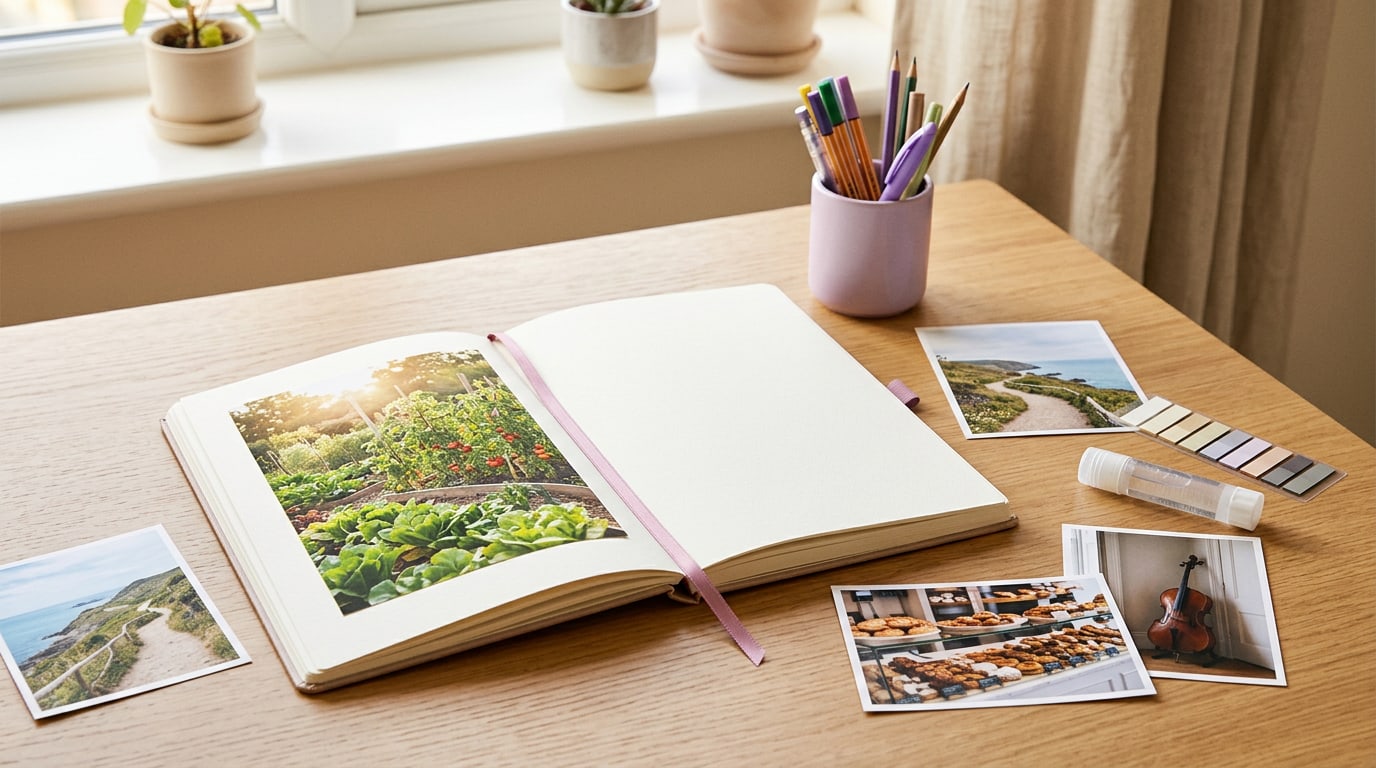 How to create a vision board book: an open sketchbook with a garden photo, pens and loose photos on a table