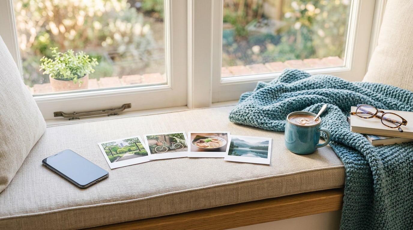 How to create a vision board on my phone: a phone beside sorted goal photos on a sunny window seat