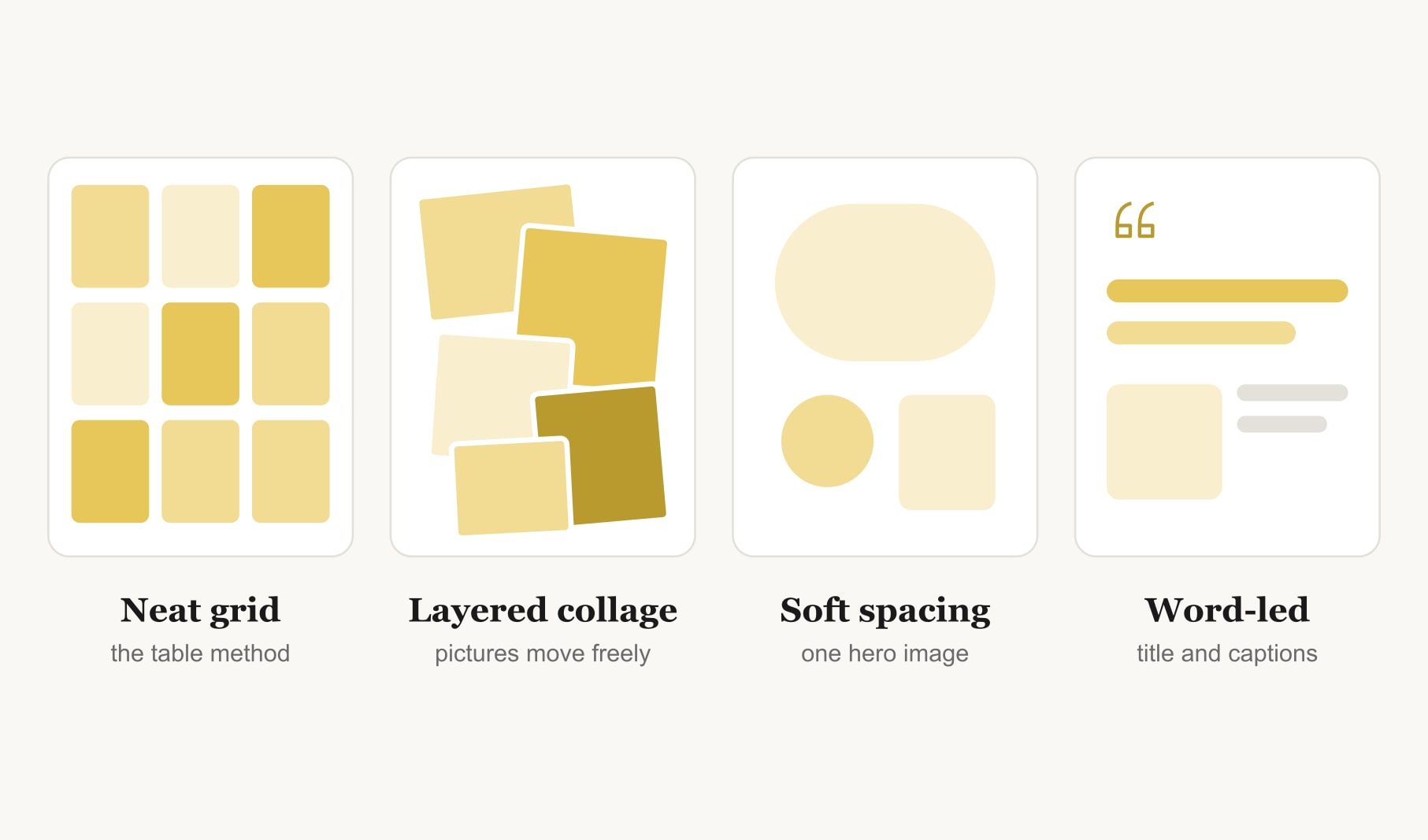 Four styles for how to create a vision board on Word, from a neat grid to a layered photo collage
