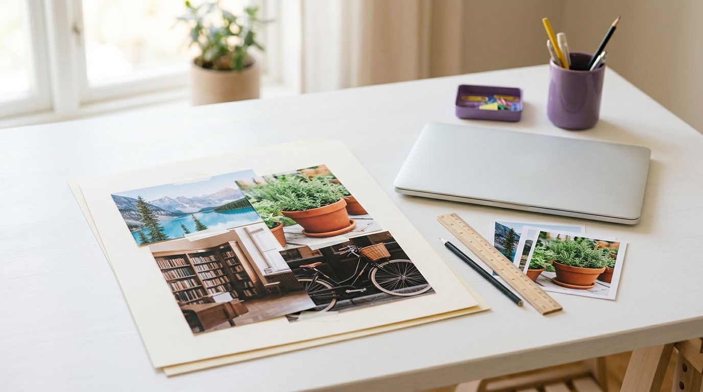 How to create a vision board on Word: a layered photo collage printed on cream paper beside a laptop