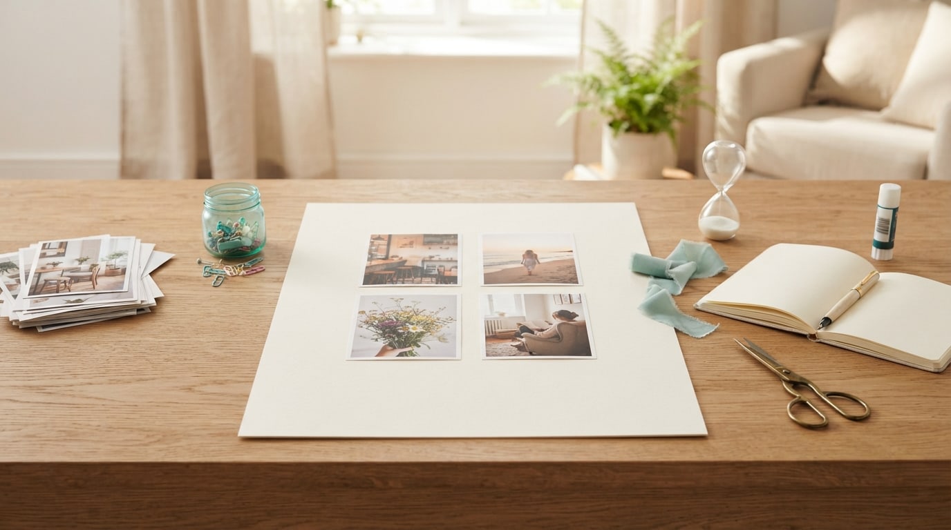 How to create a vision board step by step: a half-finished photo grid on a table beside an hourglass