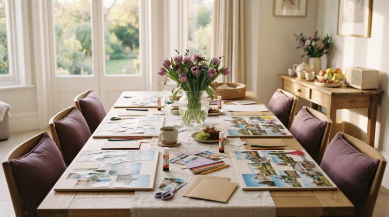 How to do a vision board party: half-finished boards, glue sticks and photos at each place on a bright table