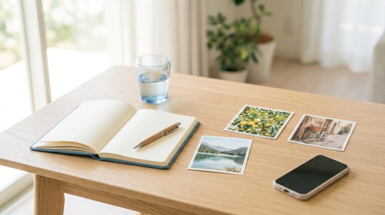 How to make a digital vision board for free: a phone, chosen photos and a notebook on a bright desk