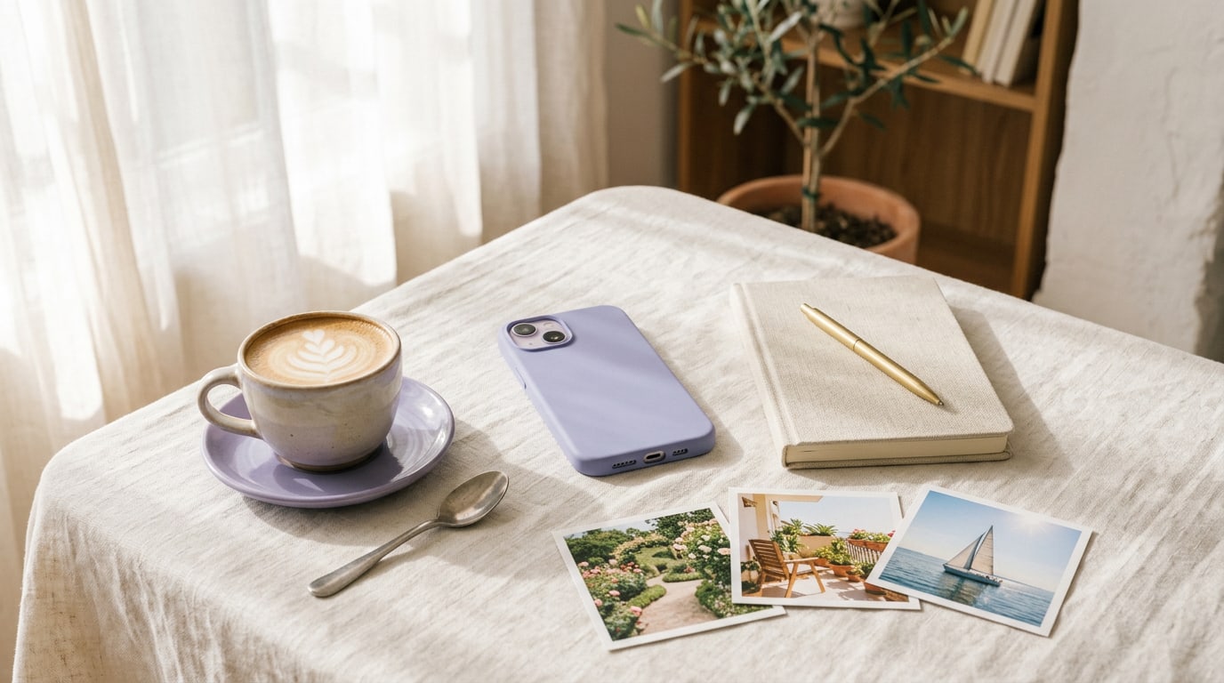 How to make a vision board app setup: a phone beside a notebook and printed goal photos on a sunny table