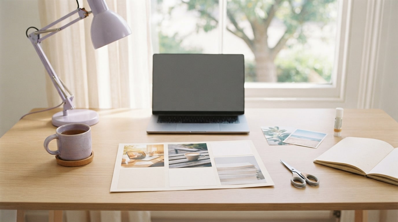 How to make a vision board for work: a half-finished desk board with photos, scissors and a notebook by a window