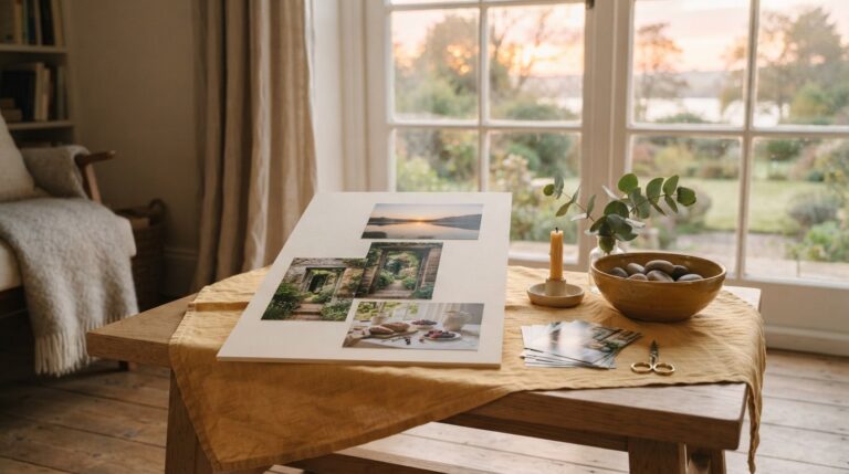How to manifest using a vision board: a board in progress at dawn with three photos, a candle and stones