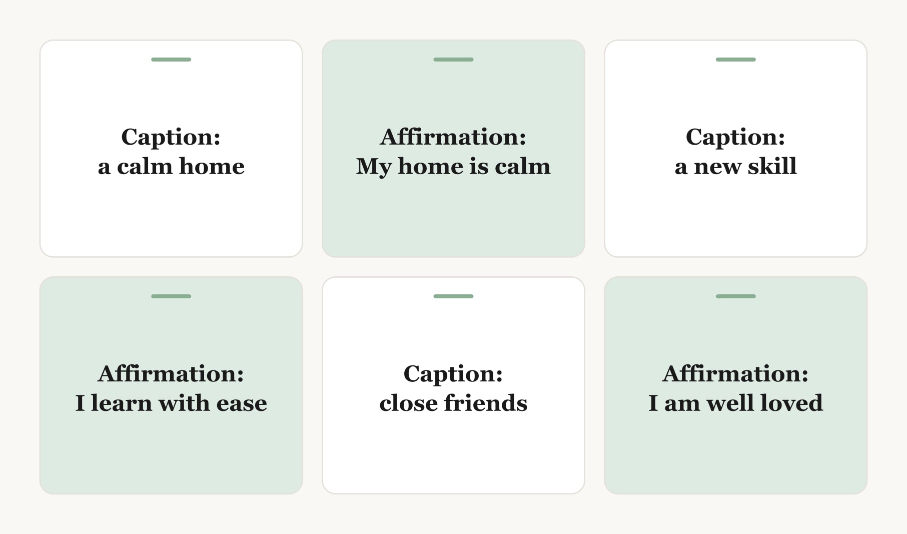 Vision board captions turned into affirmations to manifest, such as a calm home becoming my home is calm