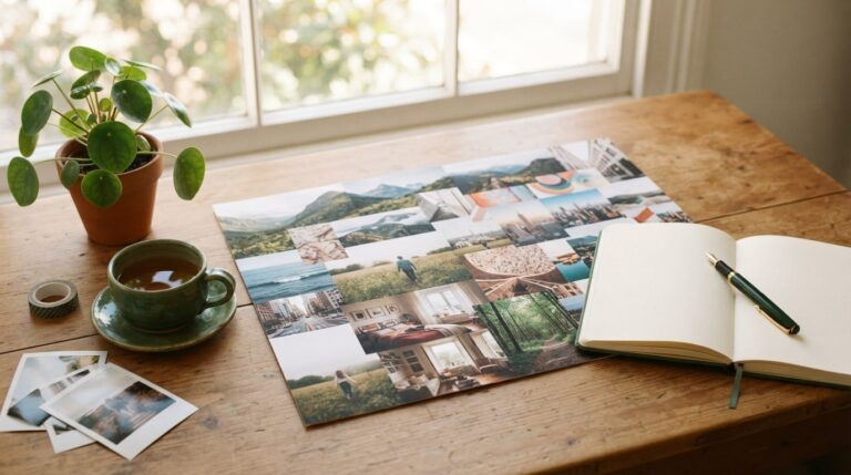 How to use a vision board to manifest: a finished board on a desk beside an open blank journal and tea