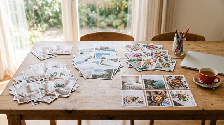 How to use Pinterest to create a vision board: printed photos sorted into piles with six chosen in a row