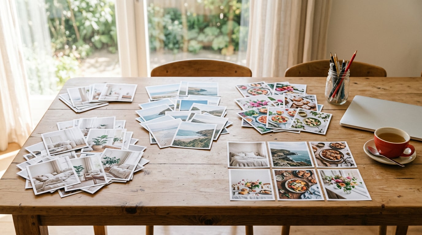 How to use Pinterest to create a vision board: printed photos sorted into piles with six chosen in a row