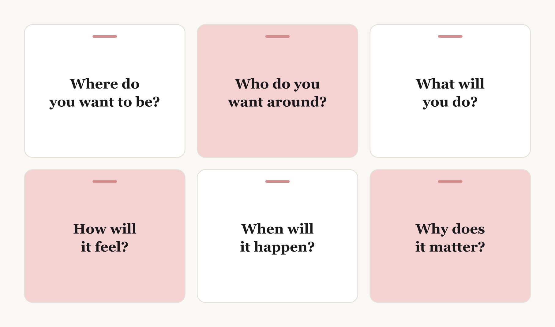 Six questions that spark ideas to put on a vision board: where, who, what, how it feels, when and why