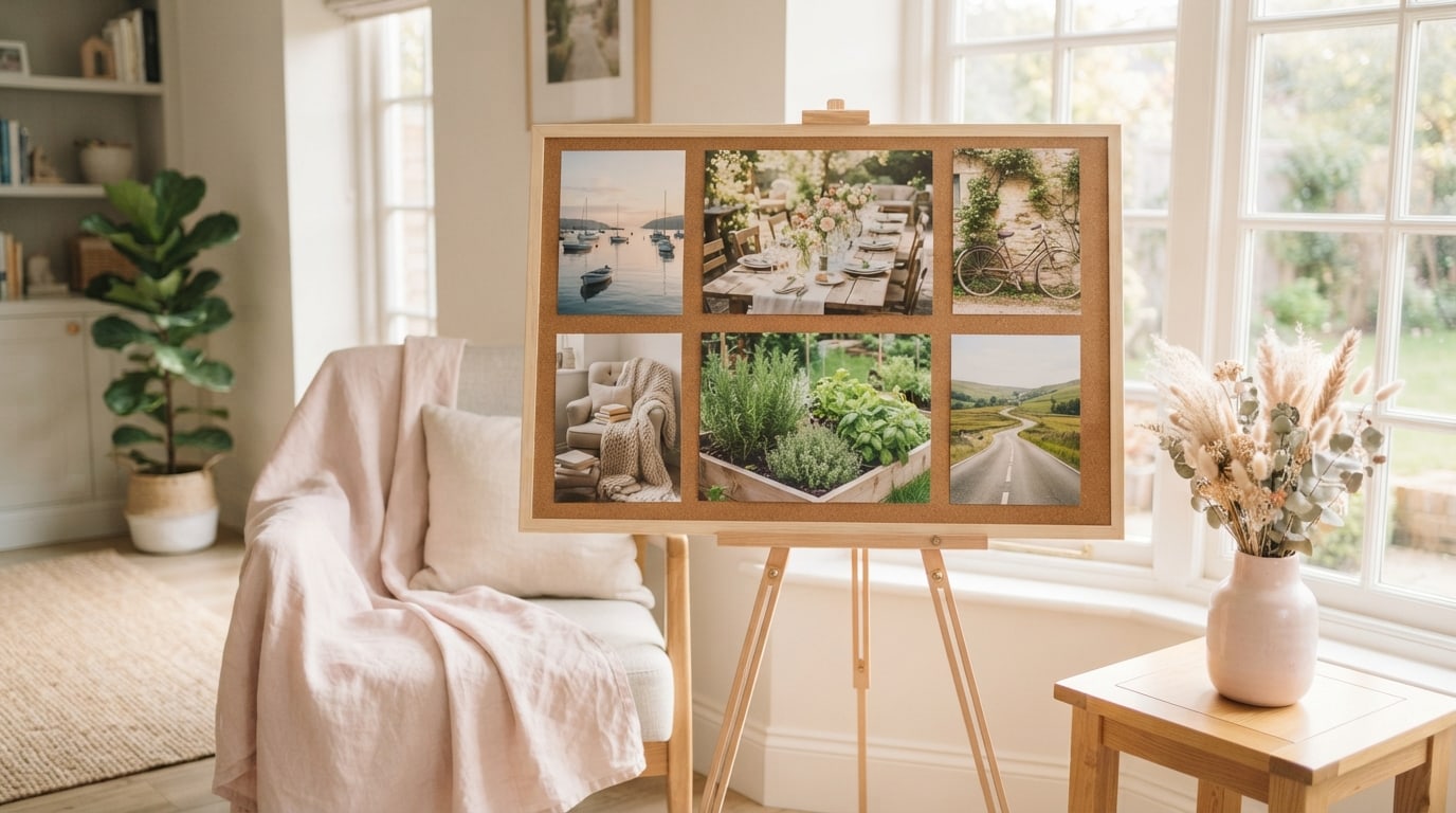 Ideas to put on a vision board: six photos of a harbour, a table, a bicycle and green hills on an easel