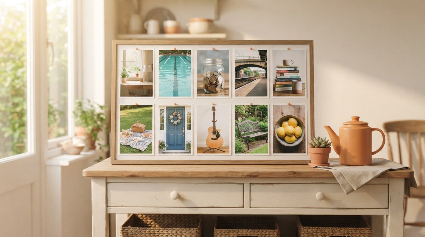 Ideas vision board pictures to use: ten photos from a calm desk to a pool lane on a kitchen dresser
