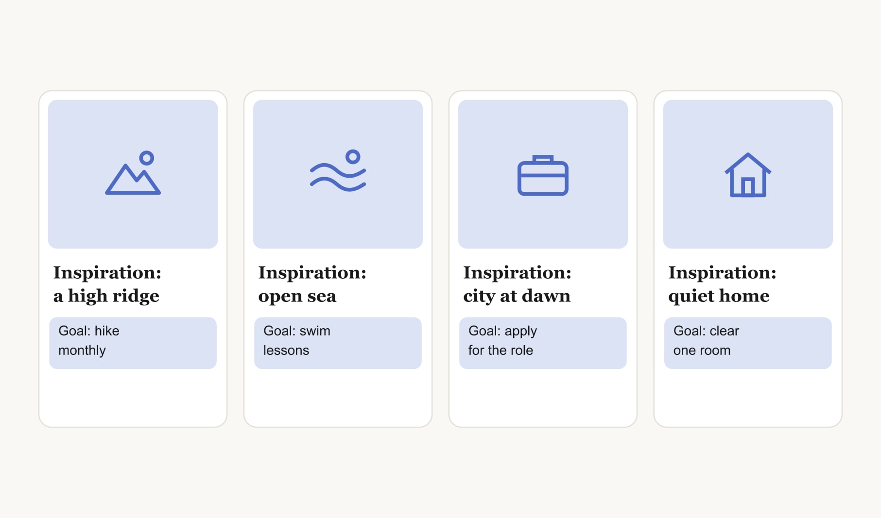 Inspiration goal setting vision board pairs: each inspiring image matched with a specific goal beneath it