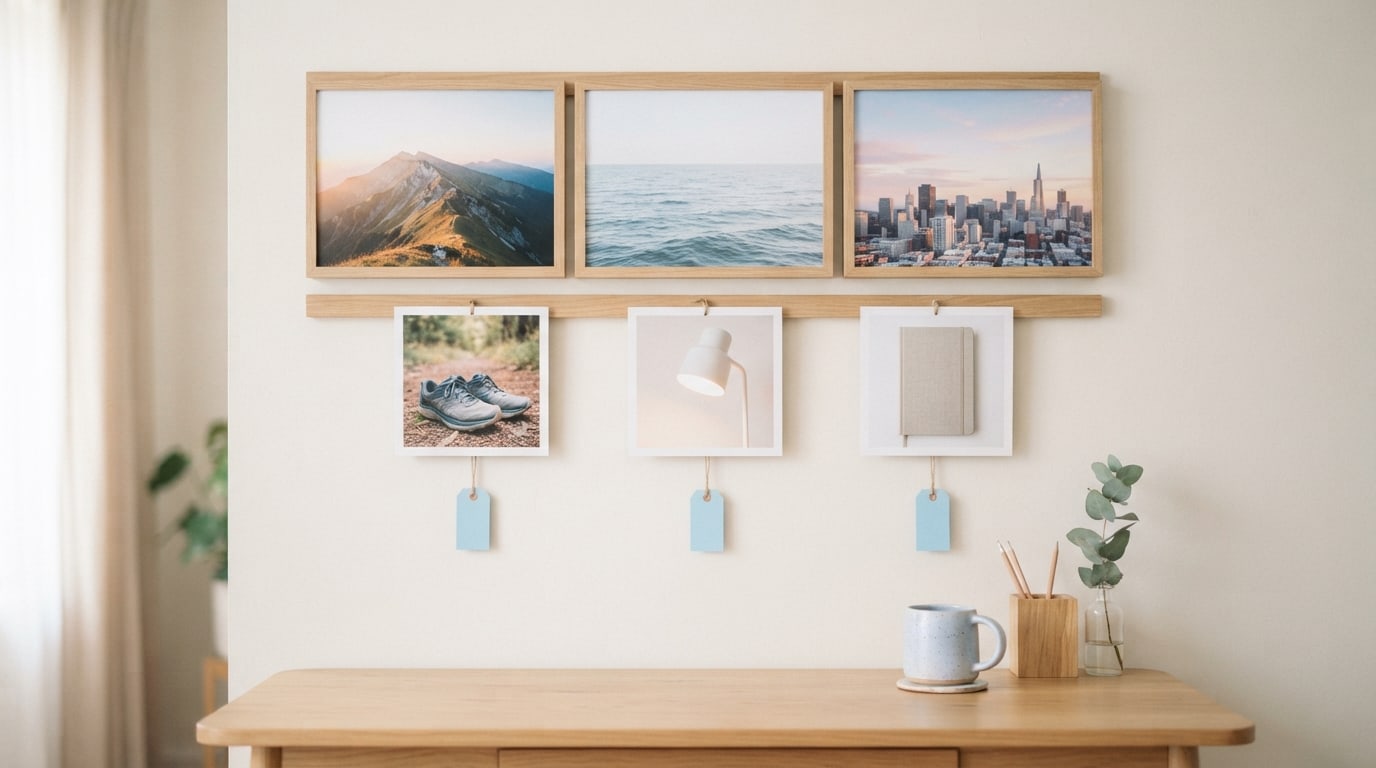 Inspiration goal setting vision board: a top row of landscape photos above a row of everyday goal photos