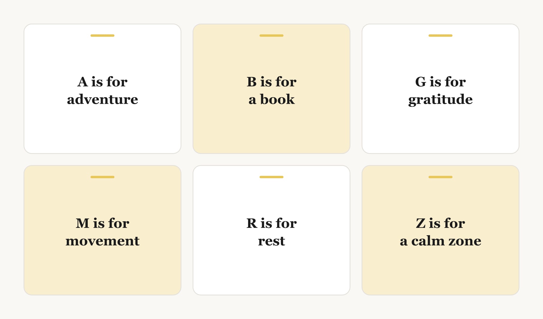 Six letters from an A to Z list of things to put on a vision board: adventure, book, gratitude, movement, rest