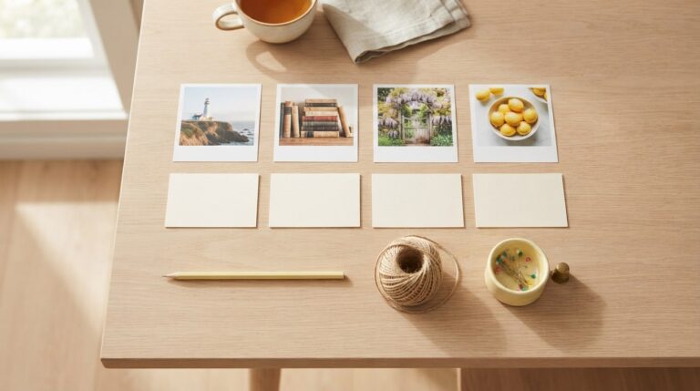 List of things to put on a vision board: small photos, blank index cards, a pencil and pins in neat rows