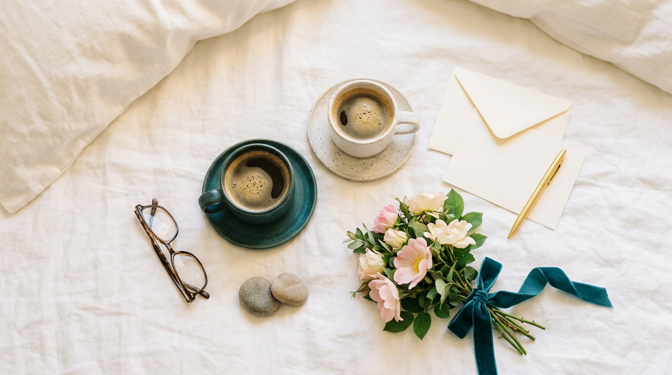 Love quotes for vision board: two coffee cups, wild roses and a blank card on a white bedspread