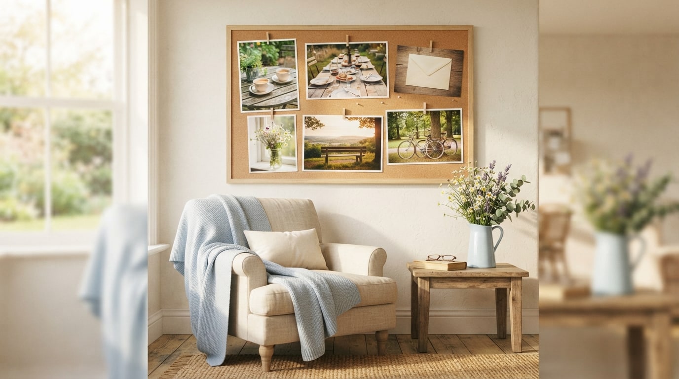 Love vision board ideas: photos of two coffee cups, wildflowers and two bicycles above a reading chair